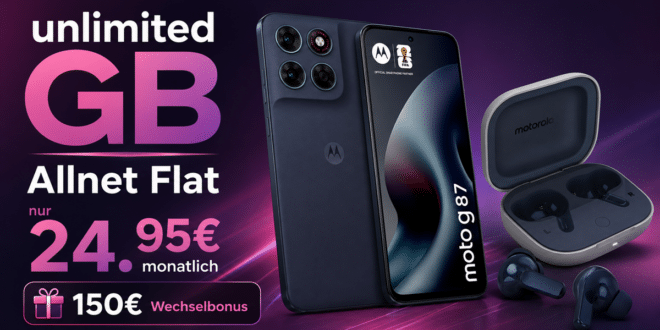 Motorola Moto G87 & Moto Buds mit unlimited Telekom Allnet Flat und 150 Euro Wechselbonus nur 24.95 Euro monatlich