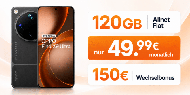 OPPO Find X9 Ultra mit freenet Vertrag - einmalig 679 Euro mit 120GB Allnet Flat und 150€ Wechselbonus für 49.99 Euro monatlich