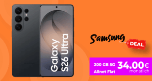 Samsung Galaxy S26 Ultra für einmalig 169 Euro mit 200GB Telekom Allnet Flat nur 34.00 Euro monatlich