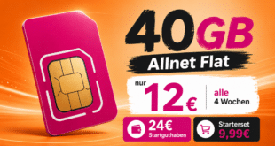 Prepaid Karte im Telekom Netz - 40GB Allnet Flat nur 12€ alle 4 Wochen - 24€ Startguthaben