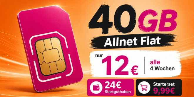 Prepaid Karte im Telekom Netz - 40GB Allnet Flat nur 12€ alle 4 Wochen - 24€ Startguthaben