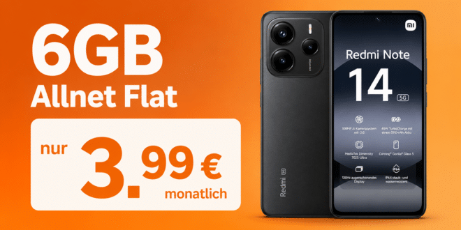 Xiaomi Redmi Note 14 5G für einmalig 49 Euro mit 6GB Allnet Flat nur 3.99 Euro monatlich