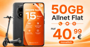 Xiaomi Redmi Note 15 Pro+ (Plus Version) & Xiaomi Electric Scooter 5 Pro für einmalig 37 Euro mit 50GB Allnet Flat nur 40.99 Euro monatlich