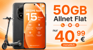 Xiaomi Redmi Note 15 Pro+ & Xiaomi Electric Scooter 5 Pro für einmalig 37 Euro mit 50GB Allnet Flat nur 40.99 Euro monatlich