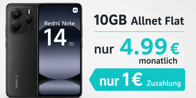 Xiaomi Redmi Note 14 5G für einmalig 1 Euro mit 10GB Allnet Flat nur 4.99 Euro monatlich
