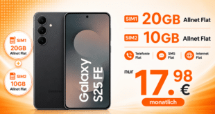 Samsung Galaxy S25 FE für einmalig 59 Euro mit 20GB Allnet Flat (+10GB extra SIM) nur 17.98 Euro monatlich