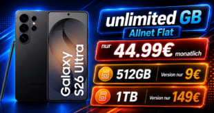 Samsung Galaxy S26 Ultra 512GB für einmalig 9 Euro mit o2 unlimited Allnet Flat nur 44.99 Euro monatlich - 1TB Version nur 149 Euro