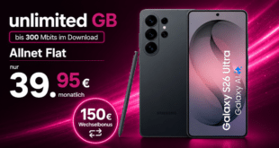 Samsung Galaxy S26 Ultra für einmalig 259 Euro mit Telekom unlimited Allnet Flat und 150€ Wechselbonus nur 39.95 Euro monatlich