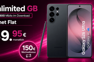 Galaxy S26 Ultra für einmalig 229 Euro mit Telekom unlimited Allnet Flat und 150€ Wechselbonus und 100€ Cashback nur 39.95 Euro monatlich