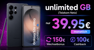 Galaxy S26 Ultra für einmalig 259 Euro mit Telekom unlimited Allnet Flat und 150€ Wechselbonus und 100€ Cashback nur 39.95 Euro monatlich