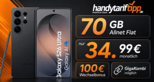 Samsung Galaxy S26 Ultra mit Voucher für einmalig 209 Euro mit 70GB Allnet Flat und 100 Euro Wechselbonus nur 34.99 Euro monatlich