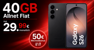 Samsung Galaxy S26 für einmalig 4 Euro (Einsendung Altgerät) mit 40GB Allnet Flat und 50€ Wechselbonus nur 29.99 Euro monatlich