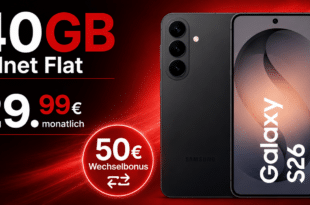 Samsung Galaxy S26 für einmalig 4 Euro (Einsendung Altgerät) mit 40GB Allnet Flat und 50€ Wechselbonus nur 29.99 Euro monatlich