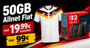 Nintendo Switch 2 & adidas Deutschland Heimtrikot 2026 für einmalig 99 Euro mit 50GB Allnet Flat nur 19.99 Euro monatlich