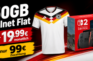 Nintendo Switch 2 & adidas Deutschland Heimtrikot 2026 für einmalig 99 Euro mit 50GB Allnet Flat nur 19.99 Euro monatlich