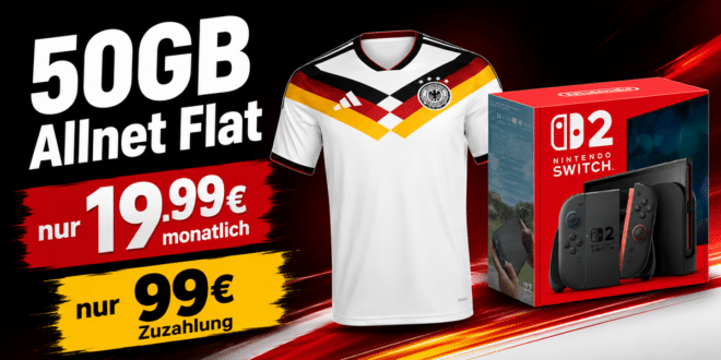Nintendo Switch 2 & adidas Deutschland Heimtrikot 2026 für einmalig 99 Euro mit 50GB Allnet Flat nur 19.99 Euro monatlich