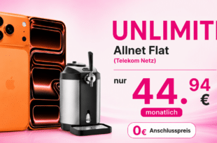 iPhone 17 Pro Max & Bierzapfanlage Beer Master für einmalig 300 Euro mit unlimited Telekom Allnet Flat nur 44.94€ monatlich