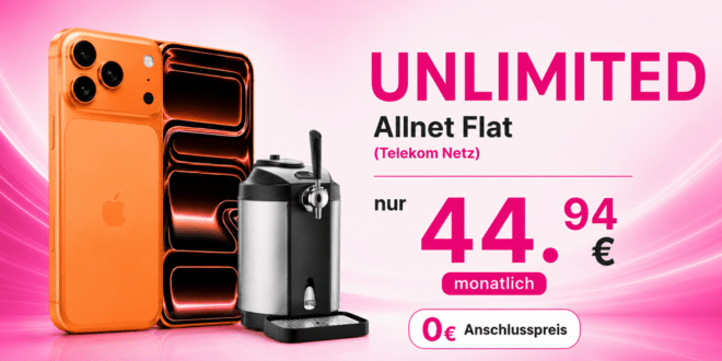 iPhone 17 Pro Max & Bierzapfanlage Beer Master für einmalig 300 Euro mit unlimited Telekom Allnet Flat nur 44.94€ monatlich