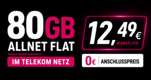 80GB Allnet Flatrate im Telekom Netz nur 12.49€ monatlich – 0€ Anschlusspreis
