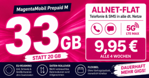 Telekom Prepaid WM Aktion - 33GB Allnet Flat nur 9.95 Euro alle 4 Wochen