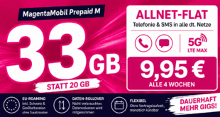 Telekom Prepaid WM Aktion - 33GB Allnet Flat nur 9.95 Euro alle 4 Wochen
