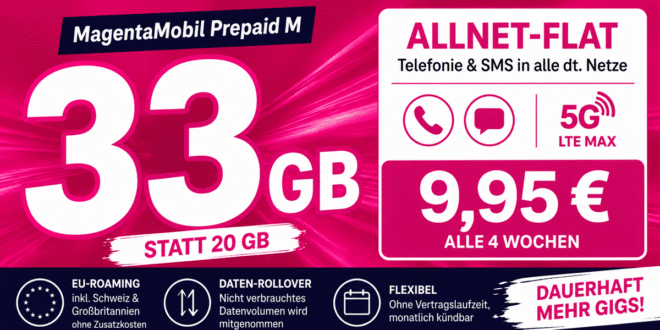 Telekom Prepaid WM Aktion - 33GB Allnet Flat nur 9.95 Euro alle 4 Wochen