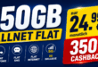 150GB Allnet Flat (bis zu 300 Mbit/s) und 350€ Cashback nur 24.99 Euro monatlich