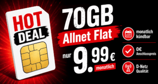 70GB Allnet Flat monatlich kündbar im Vodafone Netz nur 9.99 Euro monatlich - 0€ Anschlusspreis