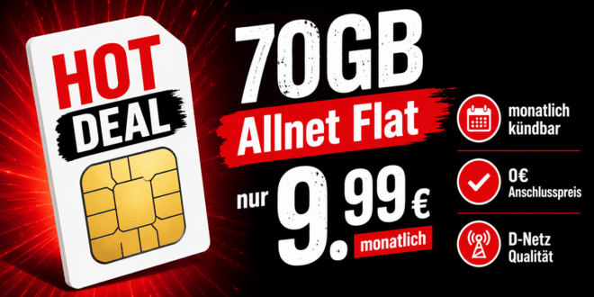 70GB Allnet Flat monatlich kündbar im Vodafone Netz nur 9.99 Euro monatlich - 0€ Anschlusspreis