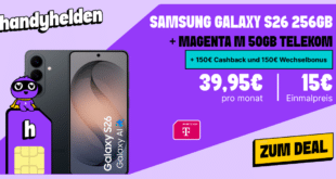 Samsung Galaxy S26 für einmalig 15 Euro mit 50GB Allnet Flat und 150€ Wechselbonus und 150€ Cashback nur 39.95 Euro monatlich