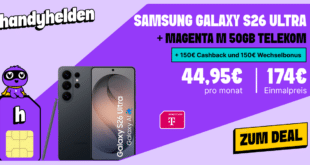 Samsung Galaxy S26 Ultra für einmalig 174 Euro mit 50GB Allnet Flat und 150 Euro Wechselbonus und 150 Euro Cashback nur 44.95 Euro monatlich