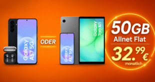 Galaxy A57 mit Galaxy Tab A11 oder Buds4 für einmalig 25 Euro mit 50GB Allnet Flat nur 32.99 Euro monatlich