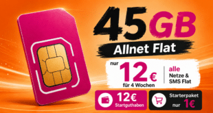 Prepaid Karte Telekom Netz – 45GB Allnet Flat nur 12€ alle 4 Wochen – Starterpaket-Preis nur 1€