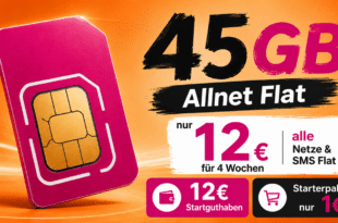Prepaid Karte Telekom Netz – 45GB Allnet Flat nur 12€ alle 4 Wochen – Starterpaket-Preis nur 1€