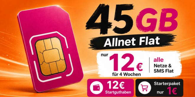 Prepaid Karte Telekom Netz – 45GB Allnet Flat nur 12€ alle 4 Wochen – Starterpaket-Preis nur 1€