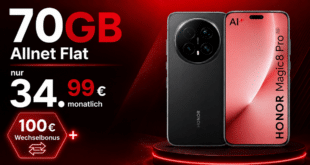 Honor Magic8 Pro für einmalig 159 Euro mit 70GB Allnet Flat und 100€ Wechselbonus nur 34.99 Euro monatlich