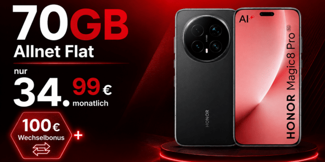 Honor Magic8 Pro für einmalig 159 Euro mit 70GB Allnet Flat und 100€ Wechselbonus nur 34.99 Euro monatlich