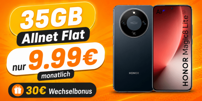 Honor Magic 8 Lite mit 35GB Allnet Flat und 30€ Wechselbonus nur 9.99 Euro monatlich