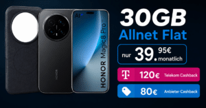 Honor Magic 8 Pro & Back Cover für einmalig 119 Euro mit 30GB Allnet Flat und 120€ Telekom Cashback und 80€ Anbieter Cashback nur 39.95 Euro monatlich