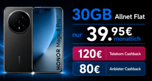 Honor Magic 8 Pro für einmalig 129 Euro mit 30GB Allnet Flat und 120€ Telekom Cashback und 80€ Anbieter Cashback nur 39.95 Euro monatlich