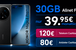 Honor Magic 8 Pro für einmalig 129 Euro mit 30GB Allnet Flat und 120€ Telekom Cashback und 80€ Anbieter Cashback nur 39.95 Euro monatlich