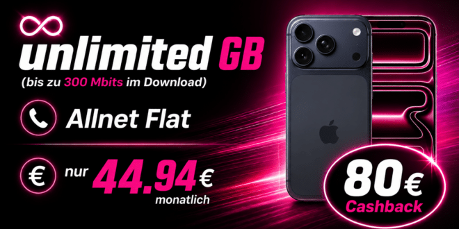 iPhone 17 Pro Max für einmalig 299 Euro mit unlimited Telekom Allnet Flat & 80€ Cashback nur 44.94€ monatlich