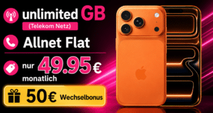 iPhone 17 Pro für einmalig 99 Euro mit Telekom unlimited Allnet Flat und 50€ Wechselbonus nur 49.95 Euro monatlich