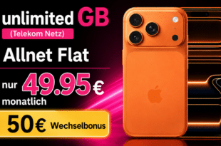 iPhone 17 Pro für einmalig 99 Euro mit Telekom unlimited Allnet Flat und 50€ Wechselbonus nur 49.95 Euro monatlich
