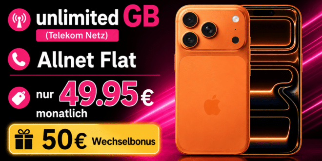 iPhone 17 Pro für einmalig 99 Euro mit Telekom unlimited Allnet Flat und 50€ Wechselbonus nur 49.95 Euro monatlich