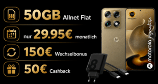 Motorola Signature 512GB & Schnellladegerät für einmalig 179 Euro mit 50GB Allnet Flat und 150€ Wechselbonus und 50€ Cashback nur 29.95 Euro monatlich