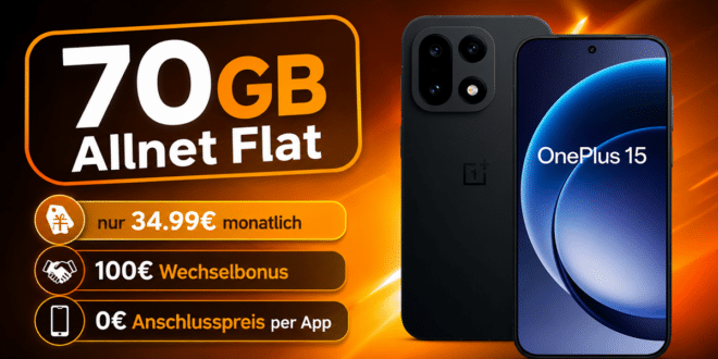 OnePlus 15 512GB für einmalig 119 Euro mit 70GB Allnet Flat und 100€ Wechselbonus nur 34.99€ monatlich