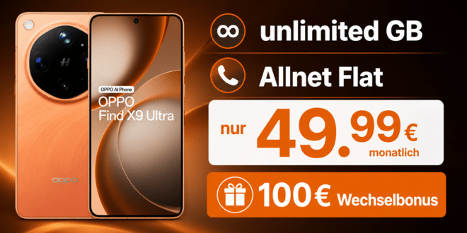 OPPO Find X9 Ultra mit Vodafone Vertrag – 512GB einmalig 559 Euro mit unlimited Allnet Flat & 100€ Wechselbonus für 49.99 Euro monatlich