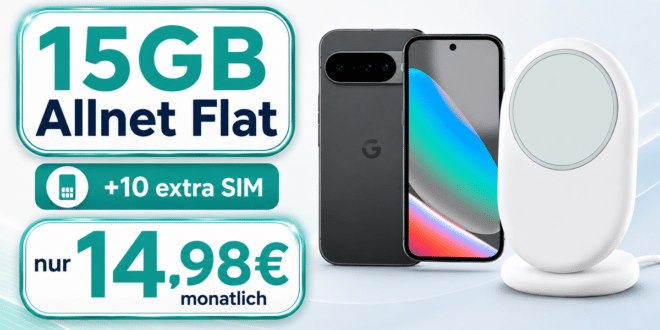 Google Pixel 10 & Google Pixelsnap für einmalig 49 Euro mit 15GB Allnet Flat (+10GB extra SIM) nur 14.98 Euro monatlich