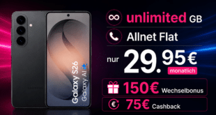 Samsung Galaxy S26 für einmalig 219 Euro mit Telekom unlimited Allnet Flat und 150€ Wechselbonus und 75€ Cashback nur 29.95 Euro monatlich
